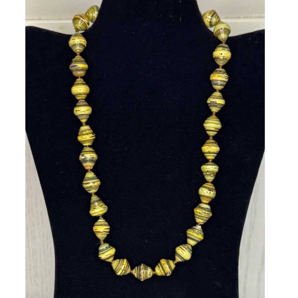 Gorgeous Handmade Paper Bead Necklace 20” Lightweight Unique